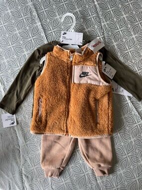 Nike Kids Orange-Tan Sherpa Vest 3-Piece Set with Olive Layer